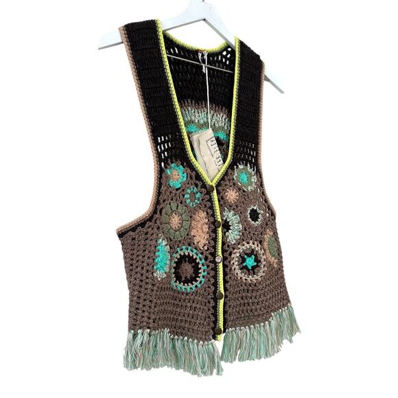 Free People Desert Rose Crochet Fringe Vest Multicolor Boho Festival Medium - Picture 3 of 9